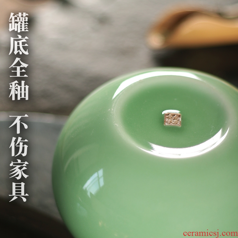 Longquan celadon checking ceramic metal large POTS tea caddy fixings household seal POTS pu seal pot