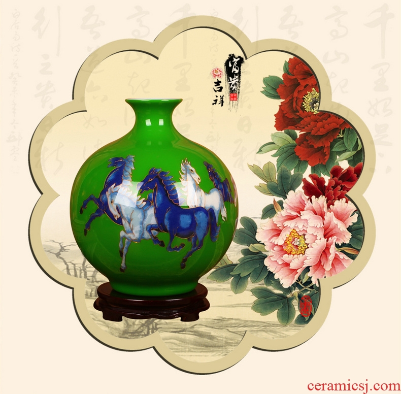 Jingdezhen ceramics gold straw green five steeds vase Chinese sitting room adornment handicraft furnishing articles