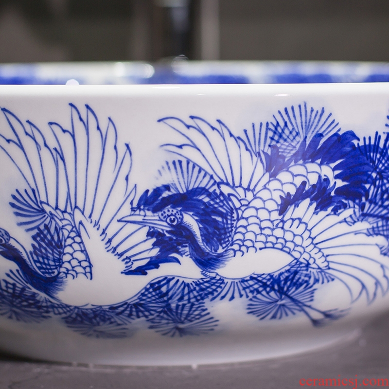 The stage basin sink hand - made small family archaize circular lavatory new Chinese style restoring ancient ways of blue and white porcelain ceramic wash basin