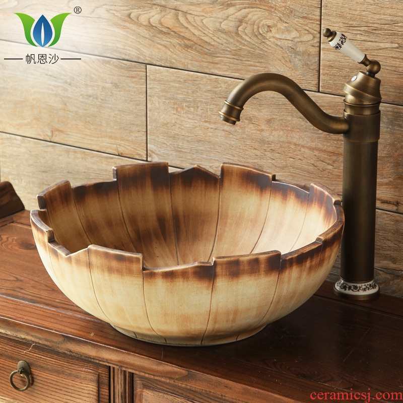 The stage basin round ceramic toilet lavatory basin, art basin wood wind Chinese style of The basin that wash a face to The sink