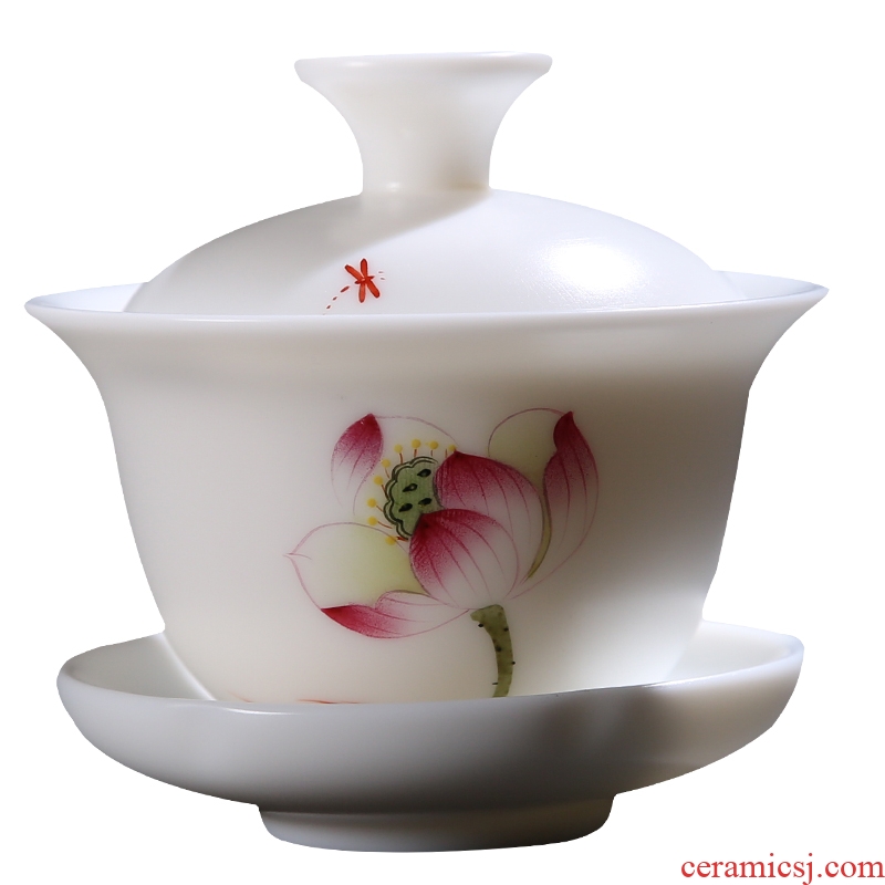 The Product dehua porcelain remit jade built white porcelain lotus rhyme tureen ceramic three mercifully tea tureen tea set