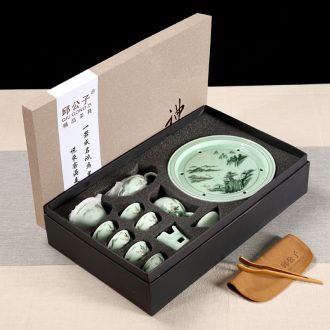 Celadon chaozhou kunfu tea tea cup lid bowl suit ceramic circular water small tea tray was gift boxes
