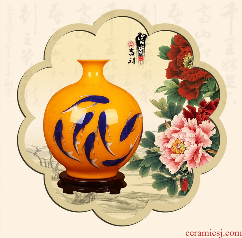 Jingdezhen ceramics gold straw with fish yellow vase study Chinese handicraft furnishing articles year after year