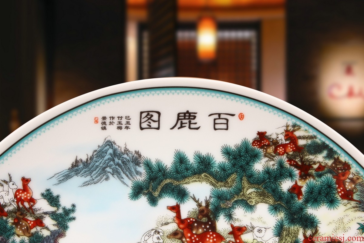 Jingdezhen ceramics powder enamel best deer figure seat plate hanging dish faceplate modern furnishing articles of Chinese style household decoration