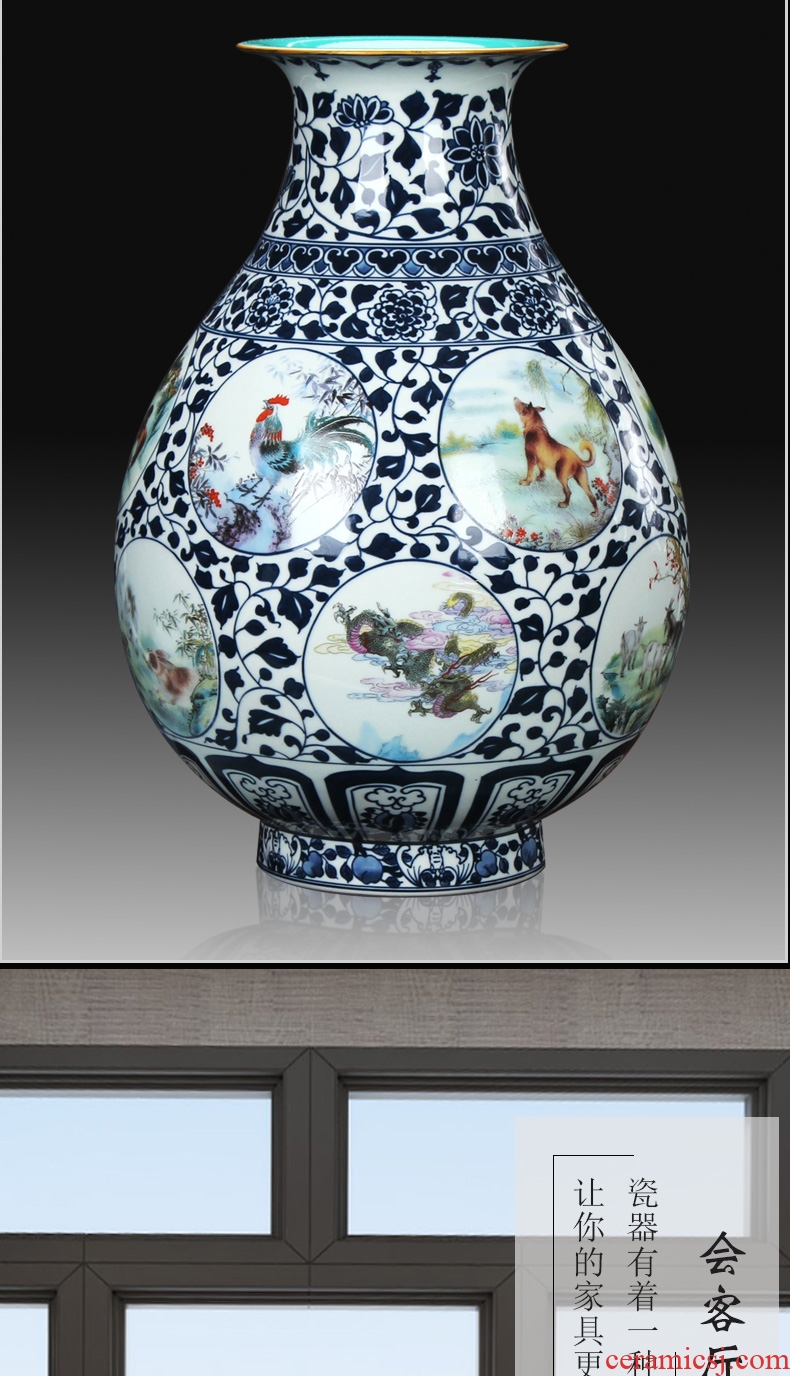 Jingdezhen ceramics antique blue - and - white bucket color decorative vase sitting room, study Chinese zodiac handicraft furnishing articles