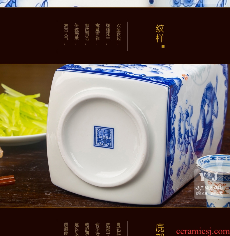 Jingdezhen ceramic bottle 2 jins with square bottle wine jar blue carp jump longmen decoration wine decanters