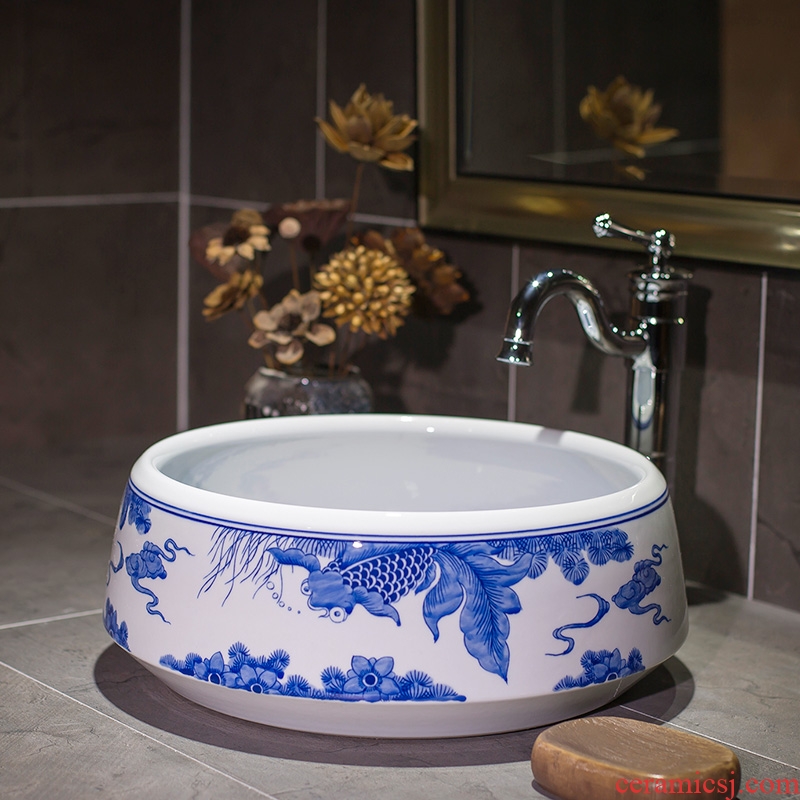 Blue and white porcelain art stage basin of archaize ceramic wash basin on the Chinese style restoring ancient ways round basin sink household