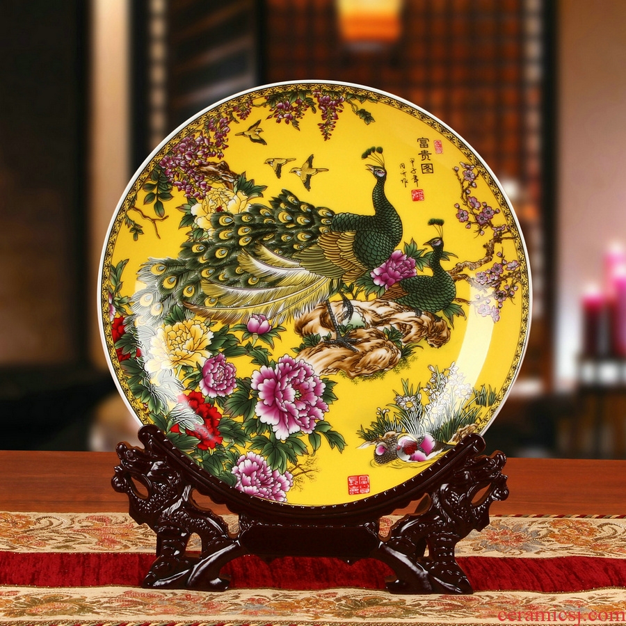 Package mail jingdezhen ceramics colored enamel peony peacock hang dish decoration plate household craft decoration furnishing articles