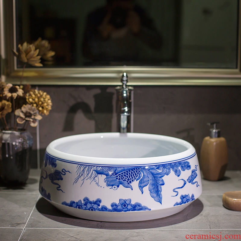 Blue and white porcelain art stage basin of archaize ceramic wash basin on the Chinese style restoring ancient ways round basin sink household