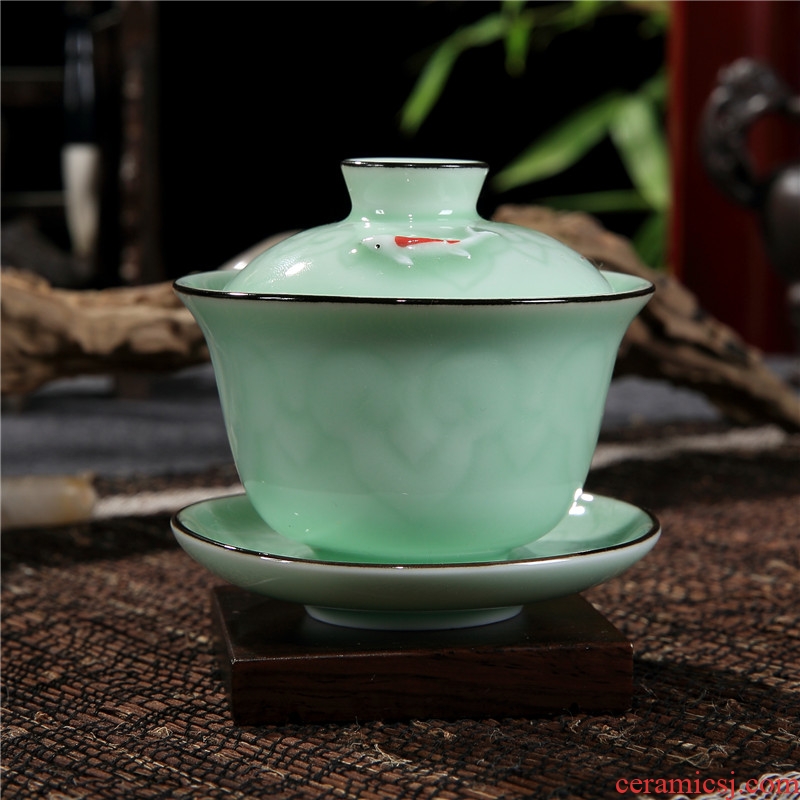 Longquan celadon kongfu tea carp fish tureen ceramic cups little bowl three cups of tea bowl to tea cups