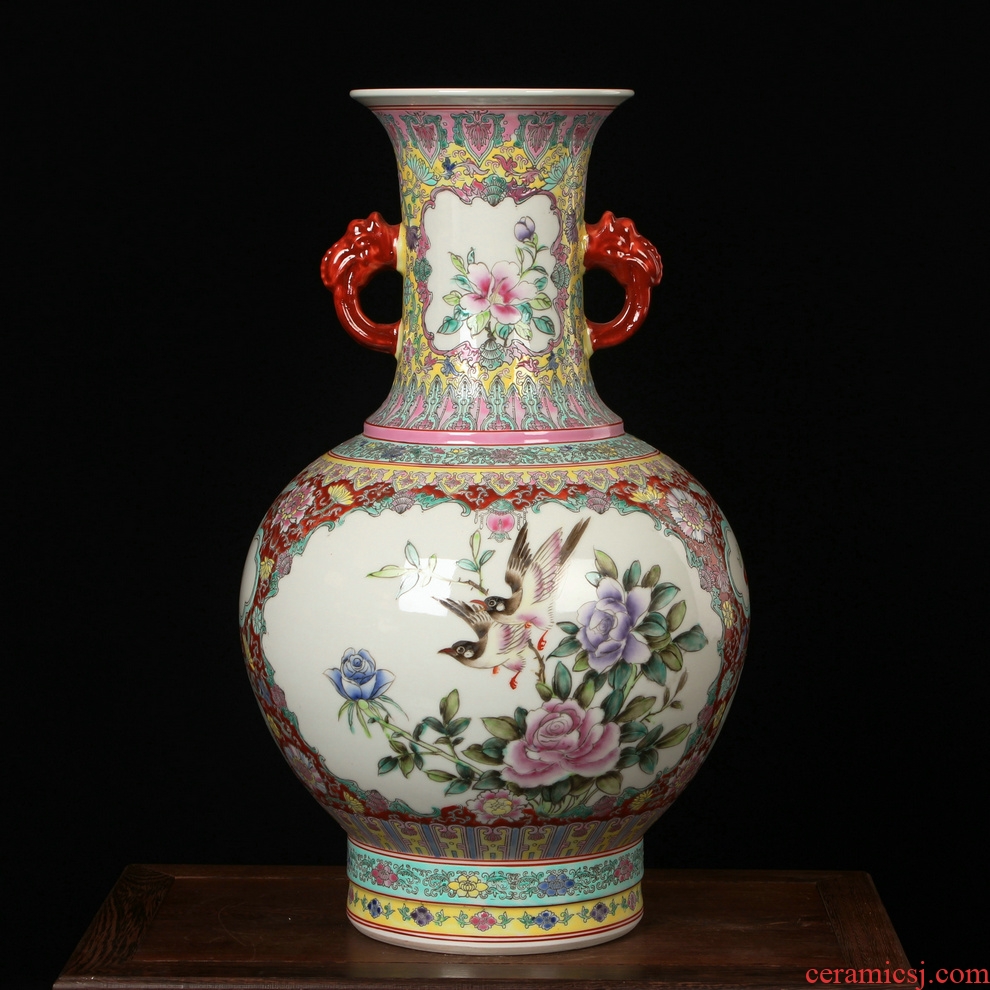 Jingdezhen ceramics powder enamel factory goods and ears of large vases, classical study furnishing articles decorations