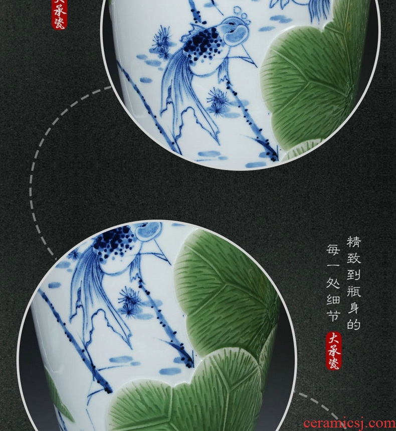 LuYiGang hand - made porcelain of jingdezhen ceramics engraving lotus goldfish vase collection crafts are set