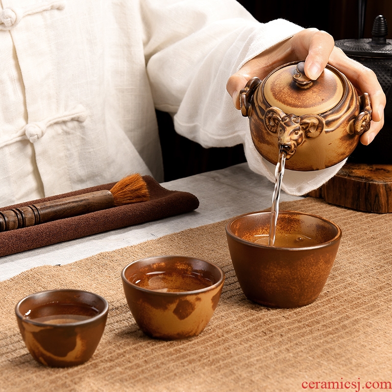 JiaXin crack cup portable office travel kung fu tea set ceramic set of three Yang kaitai a pot of three cups of crack