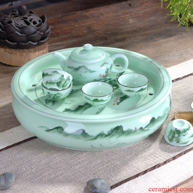 Household ceramic celadon chaoshan kungfu tea set storage double round tray cups a pot of six cups of the teapot