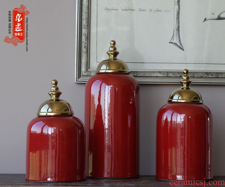 Jingdezhen ceramic vase furnishing articles gilded the lid tank bright red hand with classical household pure glaze decoration