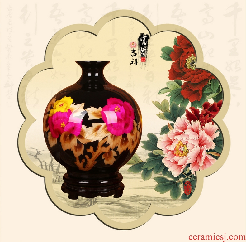 Jingdezhen ceramics modern black straw peony flowers prosperous vase high - end furnishing articles of Chinese style household decoration