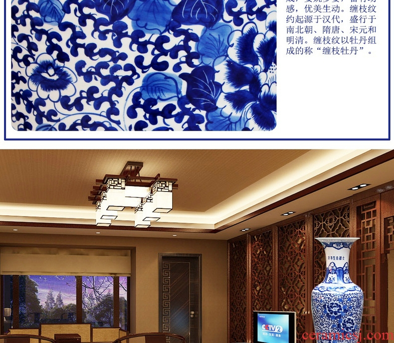 Jingdezhen ceramics hand - made riches and honor peony landing big blue and white porcelain vase modern Chinese style living room furnishing articles