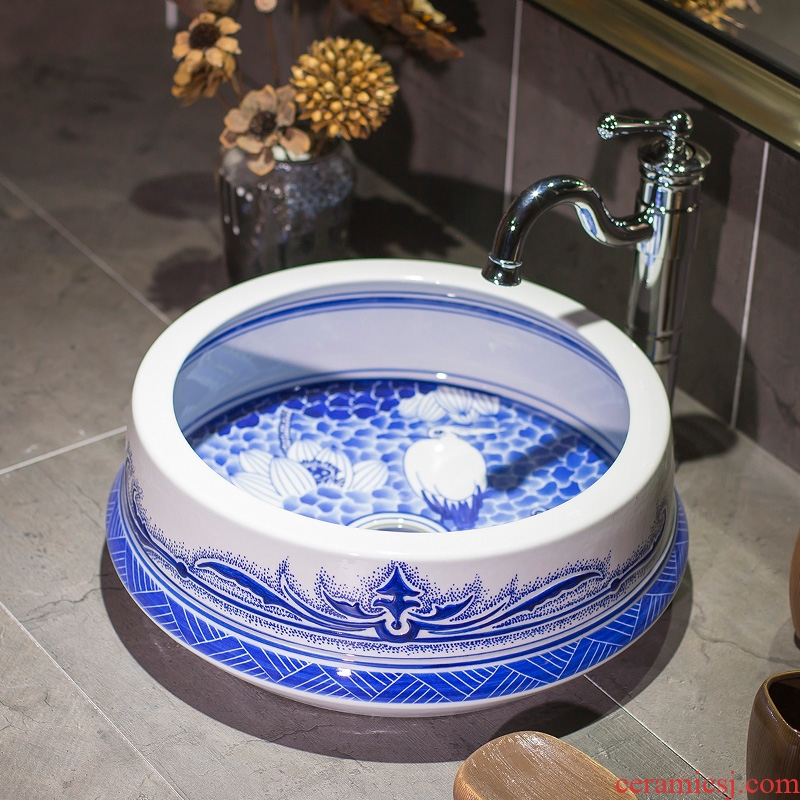 On the blue and white porcelain basin of Chinese style of archaize lavabo circular art lavatory household Chinese wind restoring ancient ways ceramic POTS