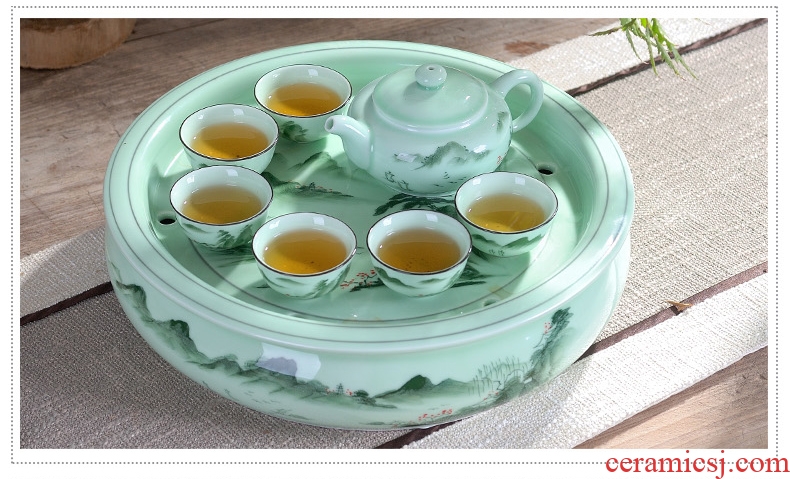 Household ceramic celadon chaoshan kungfu tea set storage double round tray cups a pot of six cups of the teapot
