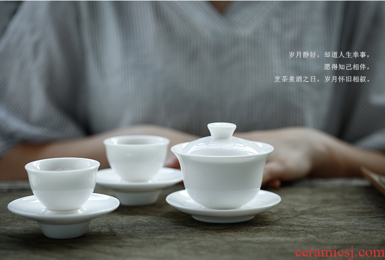 JiaXin dehua white porcelain lotus tureen ceramic cups three fully coagulate fat bowl large kung fu jade porcelain bowl