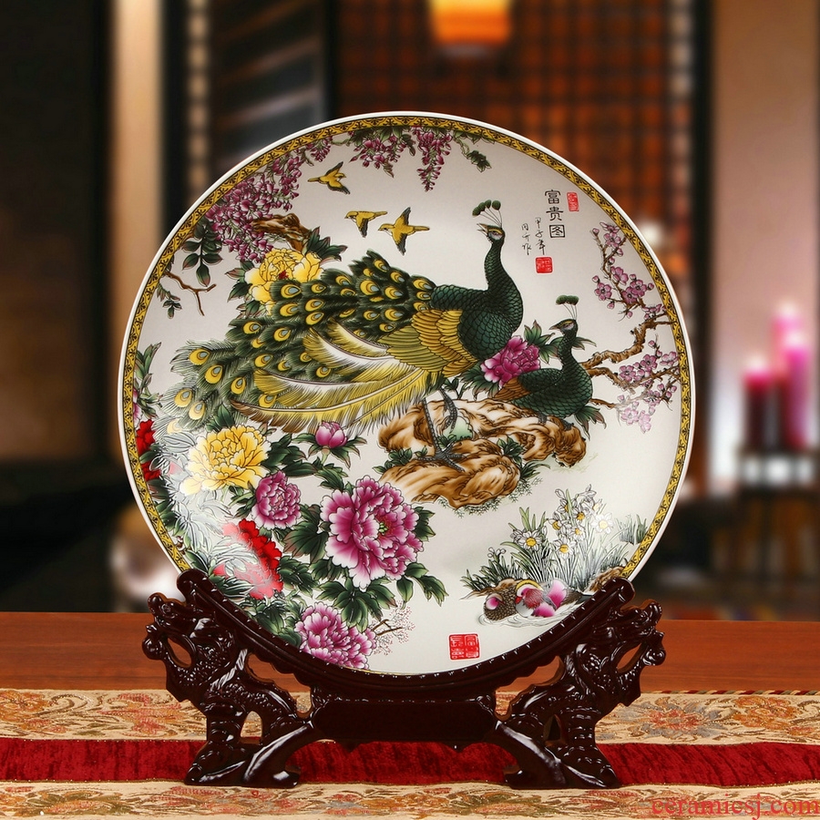Package mail jingdezhen ceramics colored enamel peony peacock hang dish decoration plate household craft decoration furnishing articles