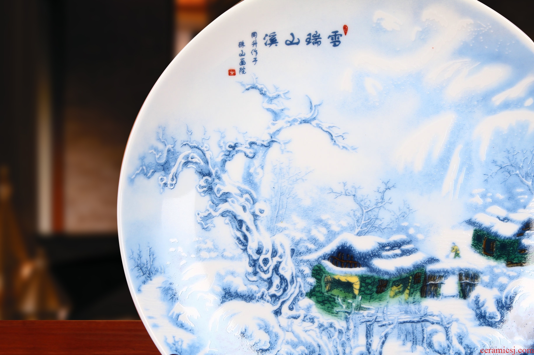 Blue and white landscape snow hang dish plate JingDeDe ceramics faceplate of rural household of Chinese style household furnishing articles