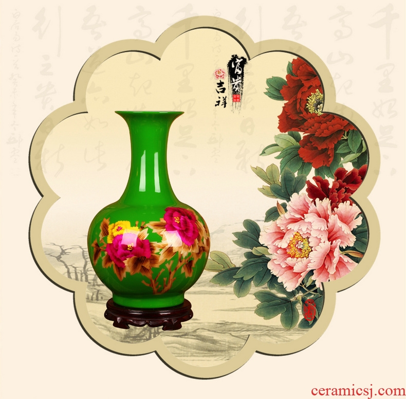 Jingdezhen ceramics green straw peony flowers vase of riches and modern Chinese style household decorative furnishing articles