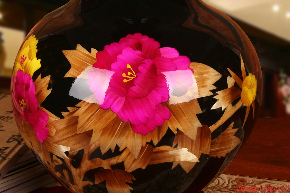 Jingdezhen ceramics black straw riches and honor peony vases of modern Chinese style wedding decoration key-2 luxury furnishing articles