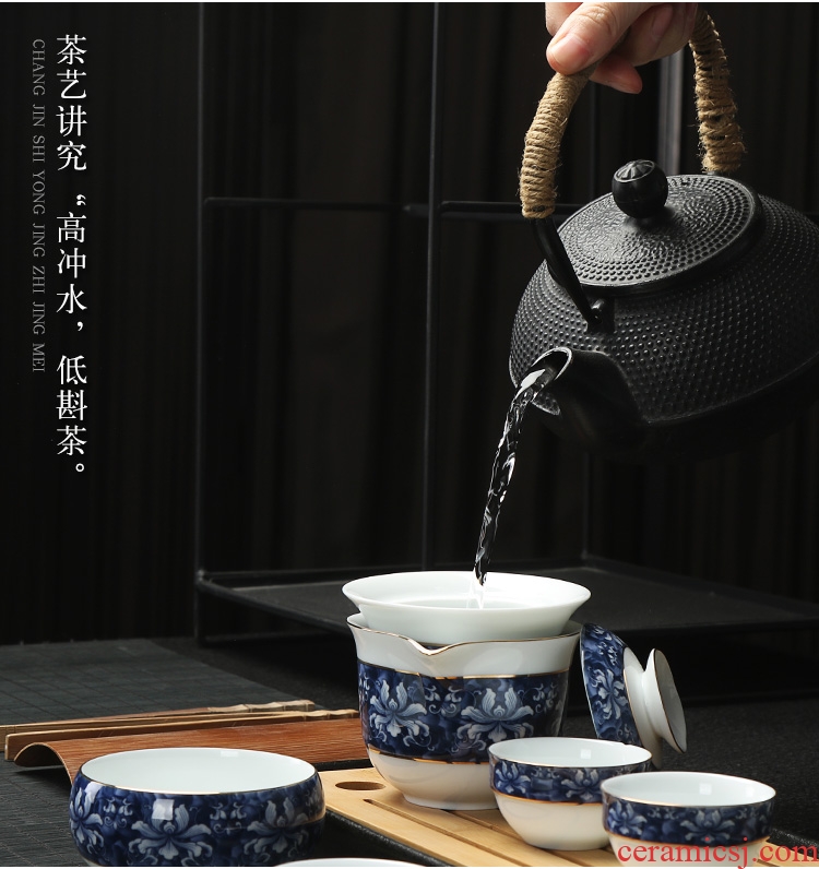 Creative household ceramic crack of blue and white porcelain cup kung fu tea set to receive a portable bag travel office tea set