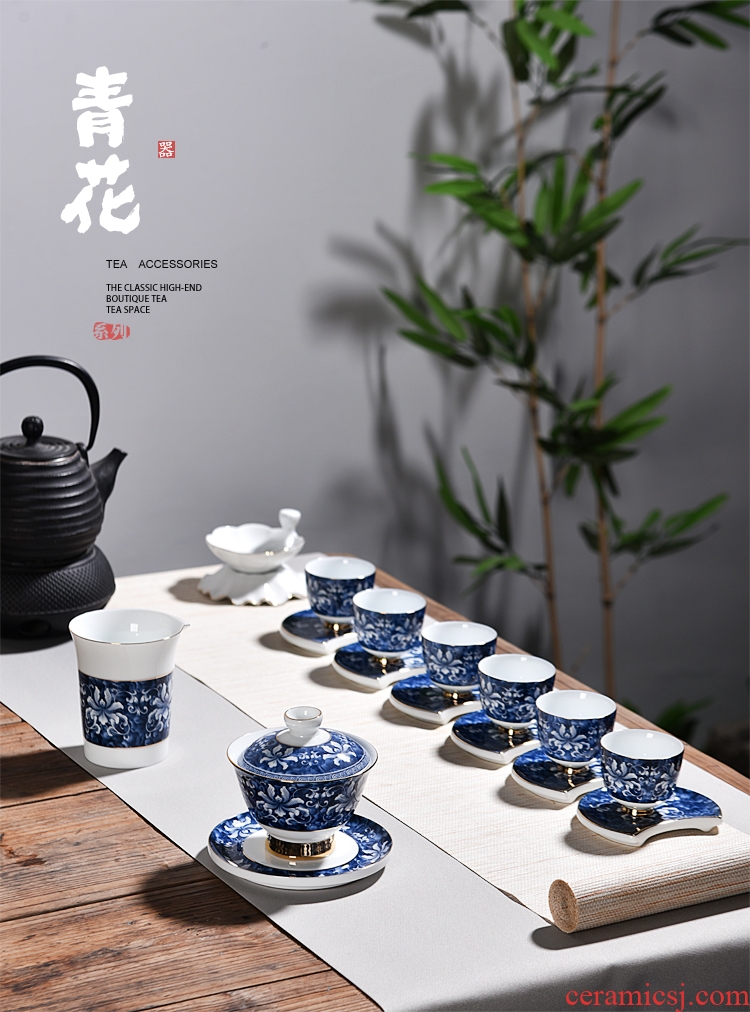 Chen xiang jingdezhen blue and white porcelain kung fu tea set household ceramics GaiWanCha pad a complete set of gift boxes