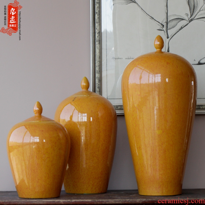 Jingdezhen ceramic vase fambe yellow agate with cover pot classical household soft adornment flower arrangement to receive furnishing articles