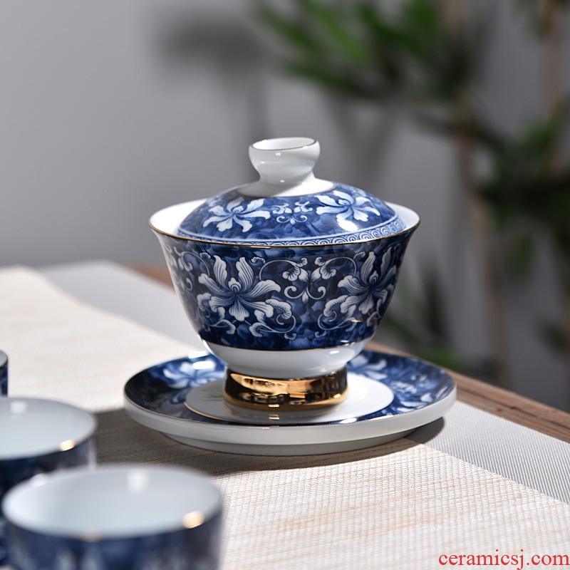 Chen xiang jingdezhen blue and white porcelain kung fu tea set household ceramics GaiWanCha pad a complete set of gift boxes