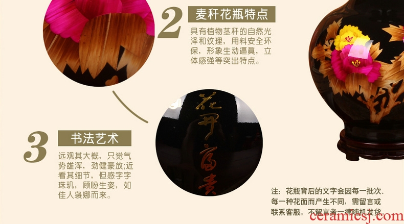 Jingdezhen ceramics black straw riches and honor peony vases of modern Chinese style wedding decoration key-2 luxury furnishing articles