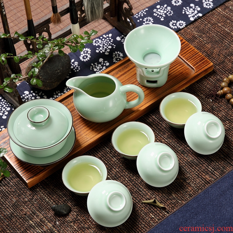 Household longquan celadon carp fish, goldfish ceramic kunfu tea tea set the teapot tea cups with Chinese style