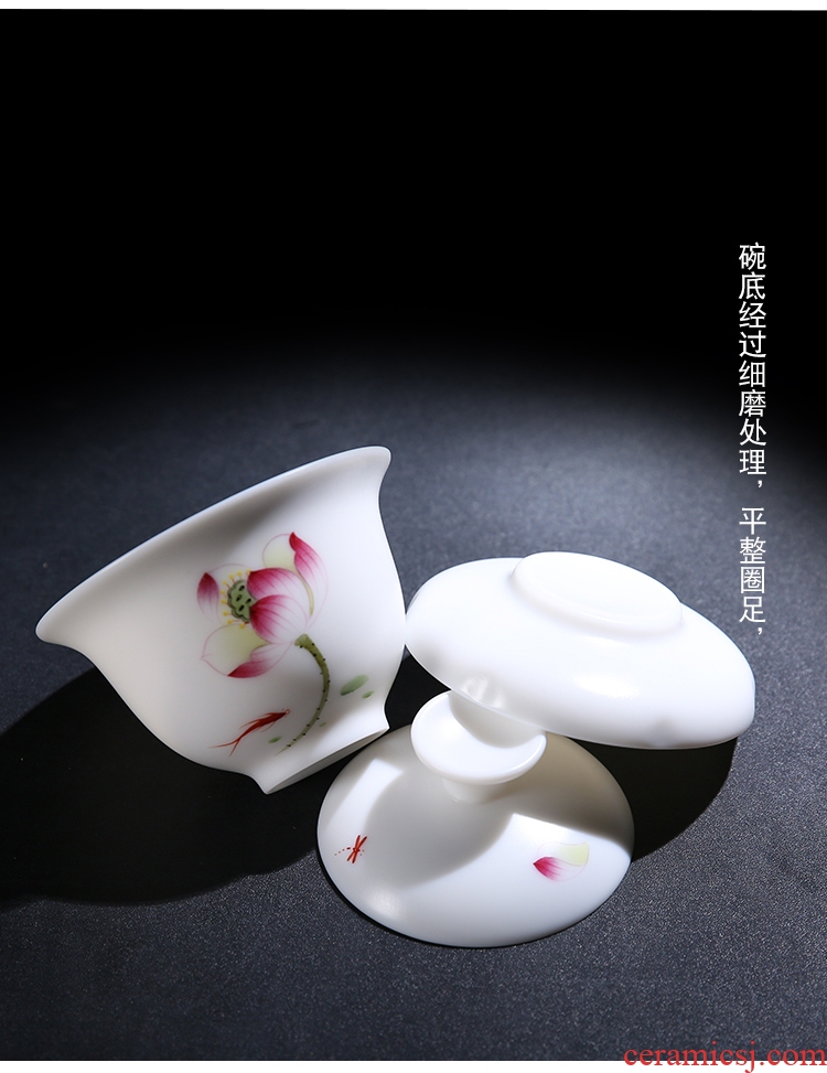 The Product dehua porcelain remit jade built white porcelain lotus rhyme tureen ceramic three mercifully tea tureen tea set