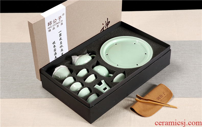 Celadon chaozhou kunfu tea tea cup lid bowl suit ceramic circular water small tea tray was gift boxes