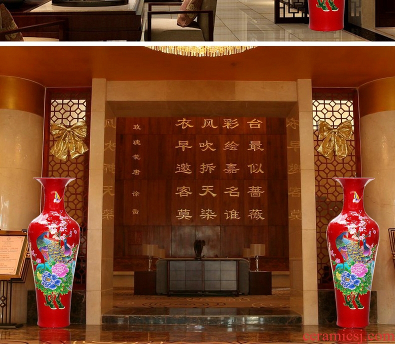 Jingdezhen ceramics China red peony riches and honour the phoenix landing big vase lobby sitting room adornment is placed