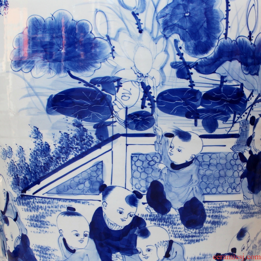 Hand draw the lad figure of large vase of blue and white porcelain of jingdezhen ceramics decoration to the hotel Chinese style living room furnishing articles
