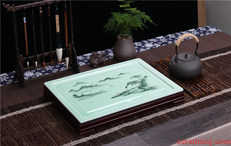 Home sitting room tea set ceramic celadon kung fu tea tray rectangle drainage tea tea tea plate of I and contracted
