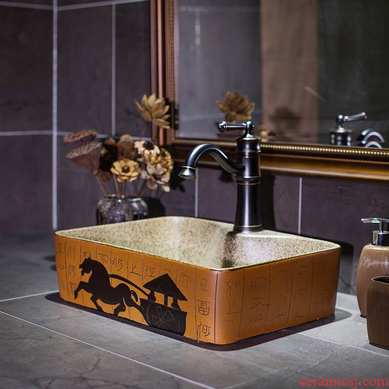 Ceramic art basin on its rectangular balcony toilet text carriage sink basin bathroom wash a face to face basin
