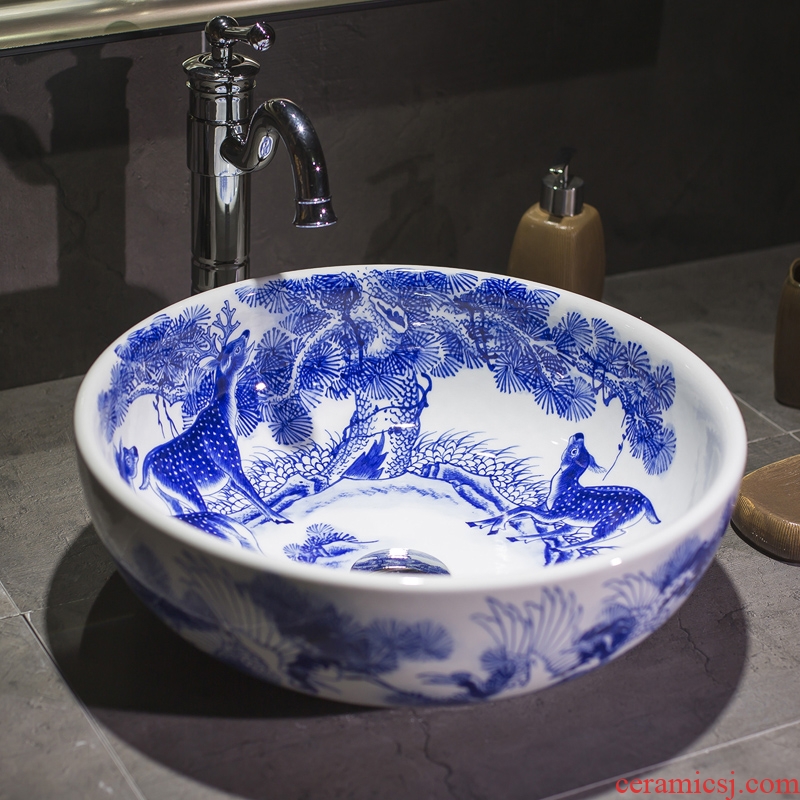 The stage basin sink hand - made small family archaize circular lavatory new Chinese style restoring ancient ways of blue and white porcelain ceramic wash basin