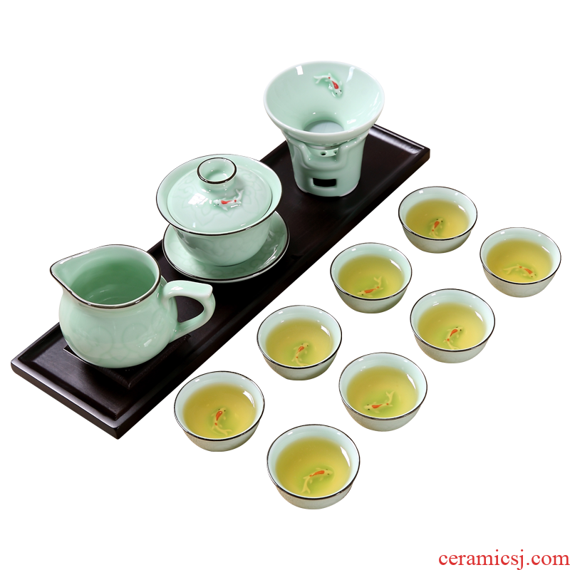 Household longquan celadon carp fish, goldfish ceramic kunfu tea tea set tureen cup small tea cups