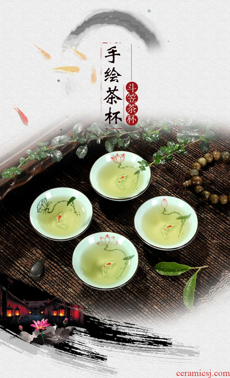 Celadon lotus lotus carp goldfish fish kunfu tea cups at upstream fish ceramic bowl with a cup of single CPU