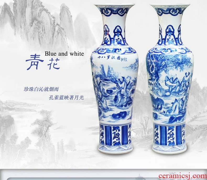 Jingdezhen ceramics hand - made of 18 arhats landing big blue and white porcelain vase Chinese sitting room adornment is placed