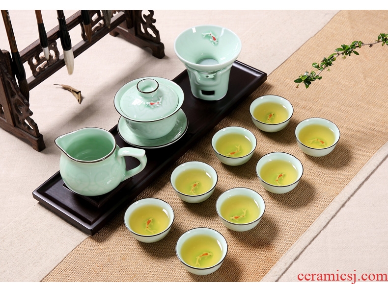 Household longquan celadon carp fish, goldfish ceramic kunfu tea tea set tureen cup small tea cups