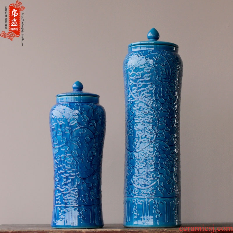 Jingdezhen ceramic vase furnishing articles blue anaglyph sitting room home flower adornment fashion creative housewarming gift