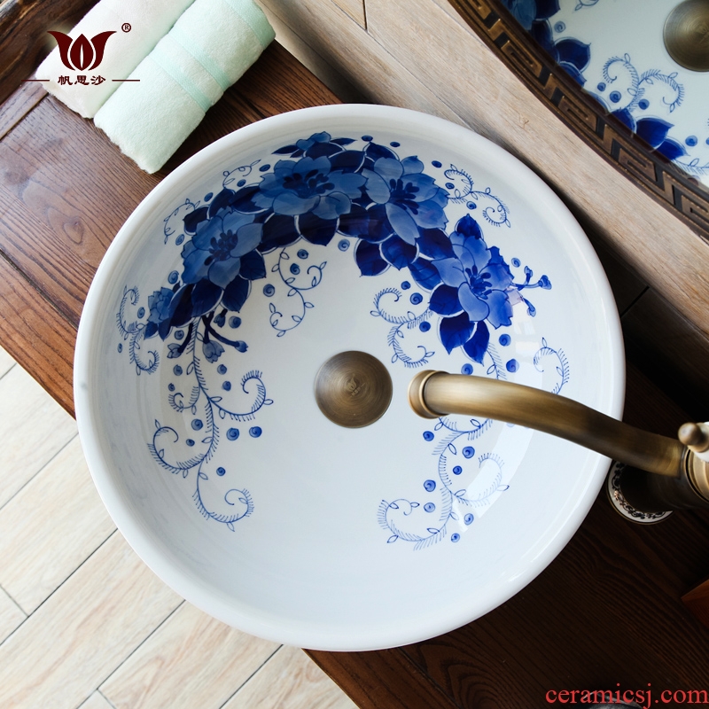 New Chinese style of blue and white porcelain balcony sink basin of single ceramic lavatory basin of restoring ancient ways is the stage art basin of home stay facility