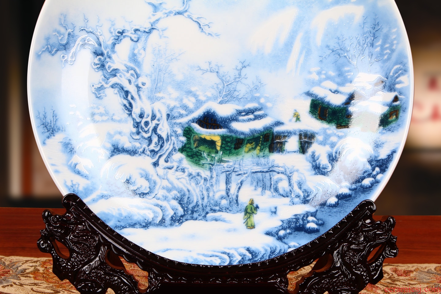 Blue and white landscape snow hang dish plate JingDeDe ceramics faceplate of rural household of Chinese style household furnishing articles
