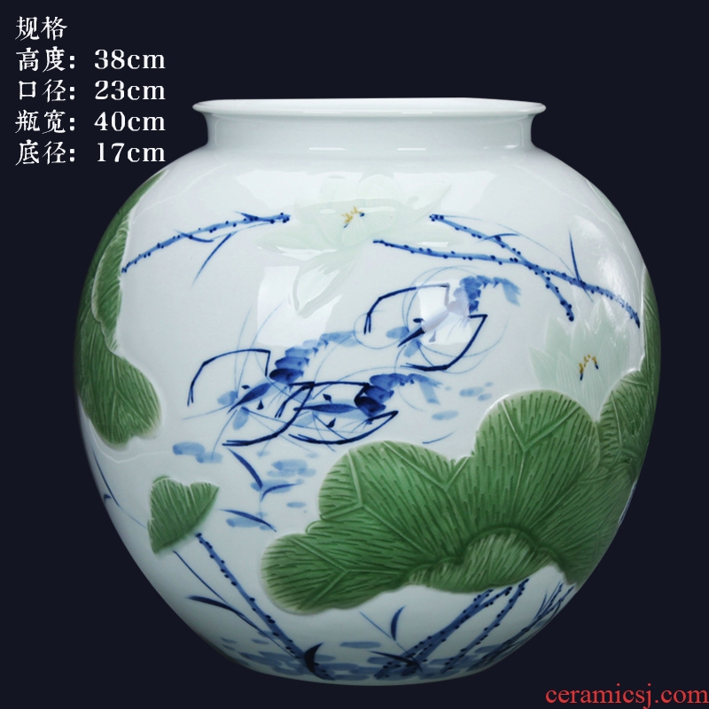 Master LuYiGang jingdezhen ceramics hand - made pea green glaze shrimp boring vase of blue and white porcelain carving crafts