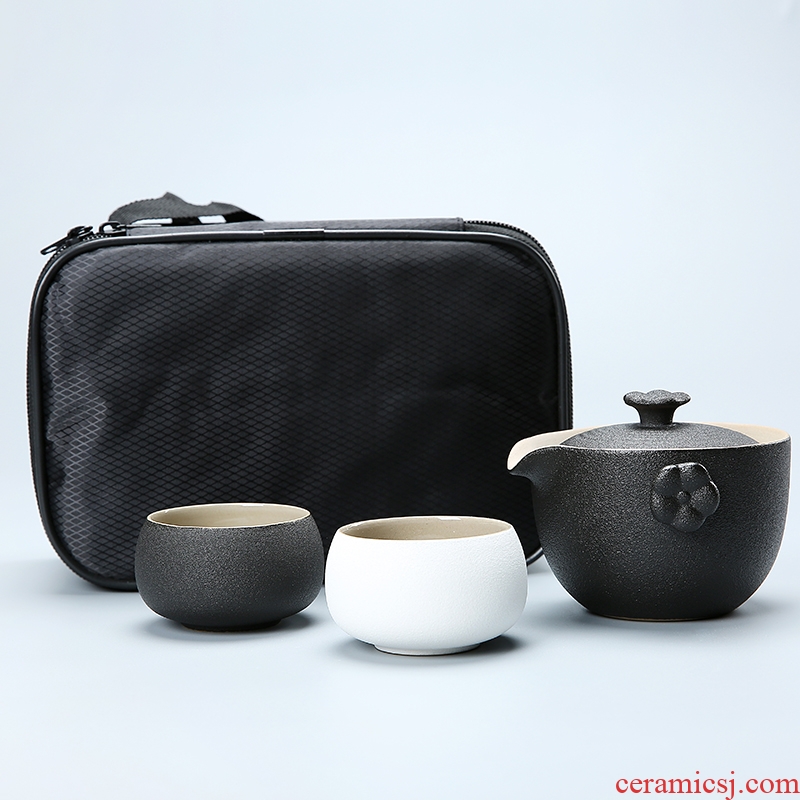 Passes on technique the black pottery up crack cup a pot of two cups of coarse pottery portable travel tea set ceramic office bag